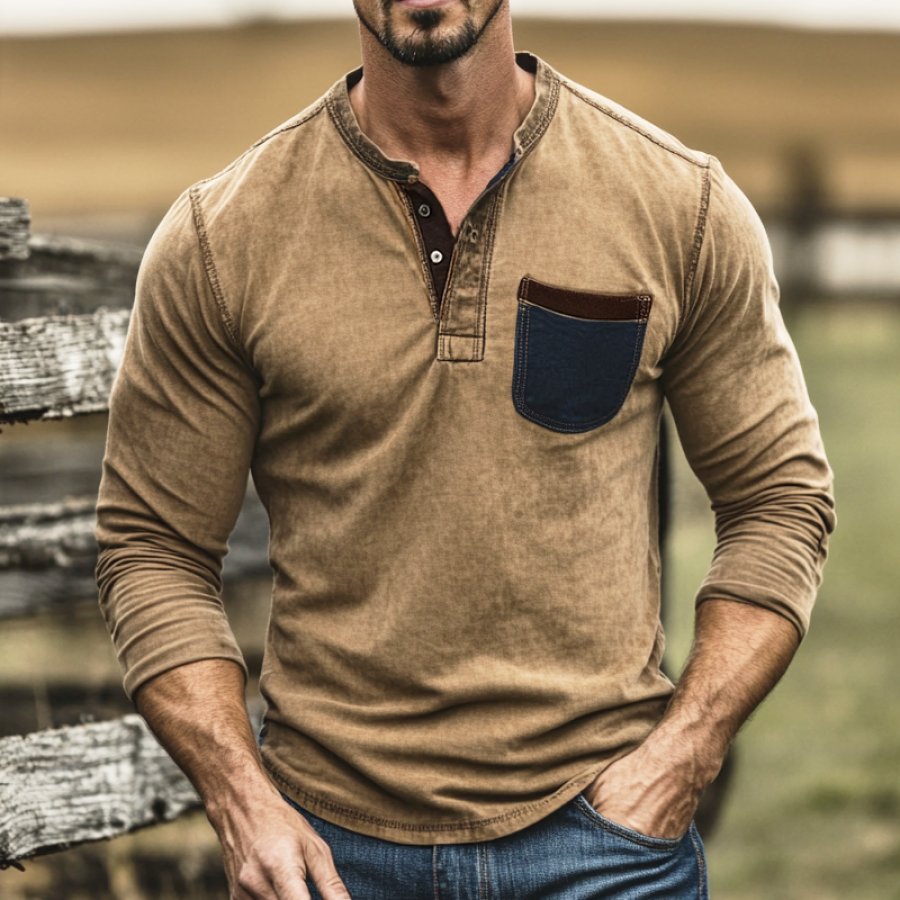 

Men's Vintage Casual Color Block Contrast Pocket Henley Long Sleeves T Shirt