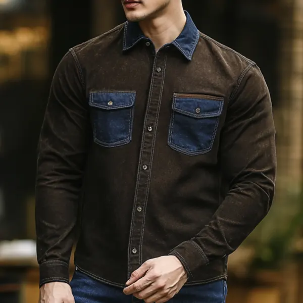 Men's Vintage Denim Pocket Shirt With Contrast Pockets Brown - Wayrates.com 