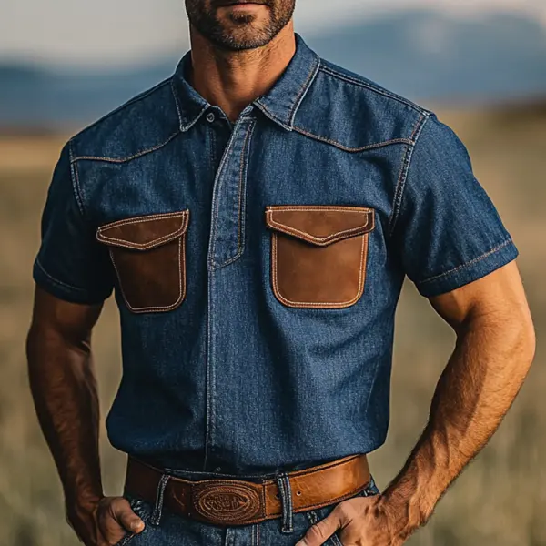 Men's Vintage Western Henley Denim Shirt With Leather Pocket - Wayrates.chimpone.com 