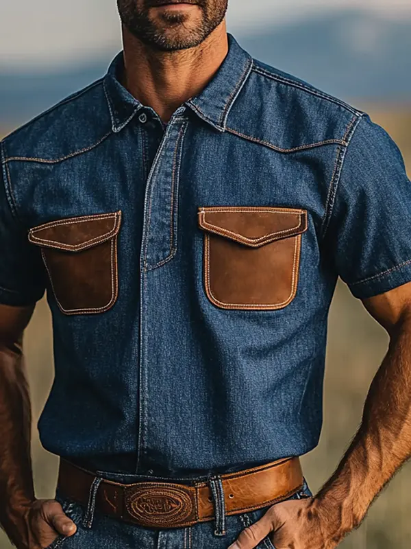 Chemise En Jean Henley Vintage Western Pour Homme Avec Poche En Cuir Only 34,99€ - Menbarn.com 
