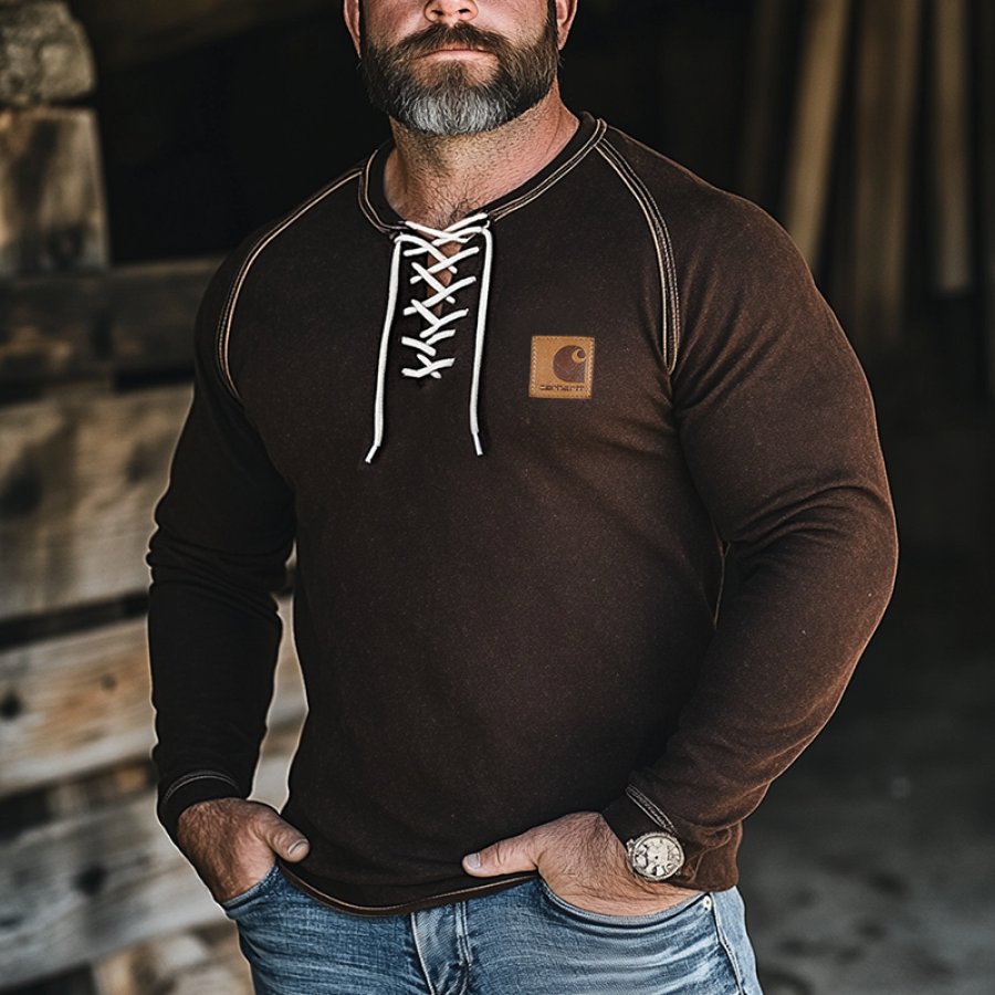 

Men's Vintage Lace-Up Henley Long Sleeves T Shirt