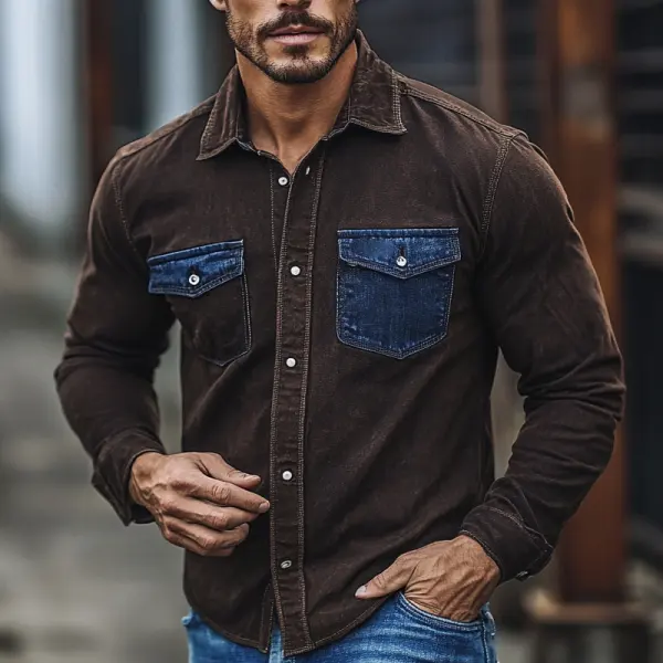 Men's Vintage Color Block Denim Pocket Shirt - Wayrates.com 