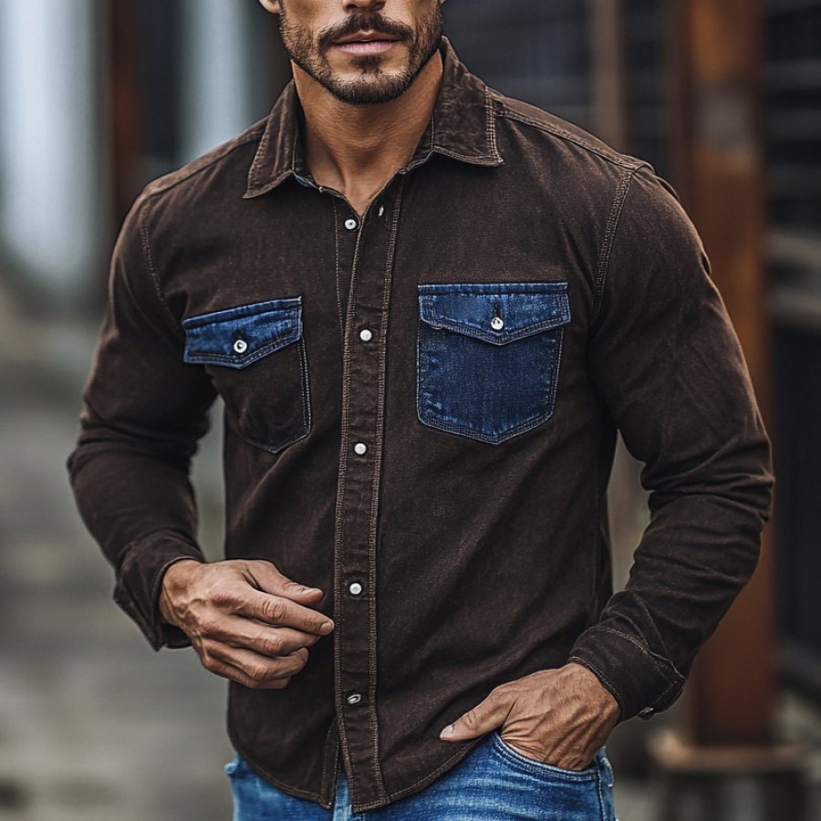 

Men's Vintage Color Block Denim Pocket Shirt