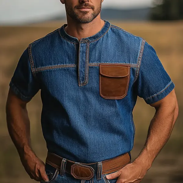 Men's Vintage Western Casual Leather Patches Denim Henley Shirt - Wayrates.chimpone.com 