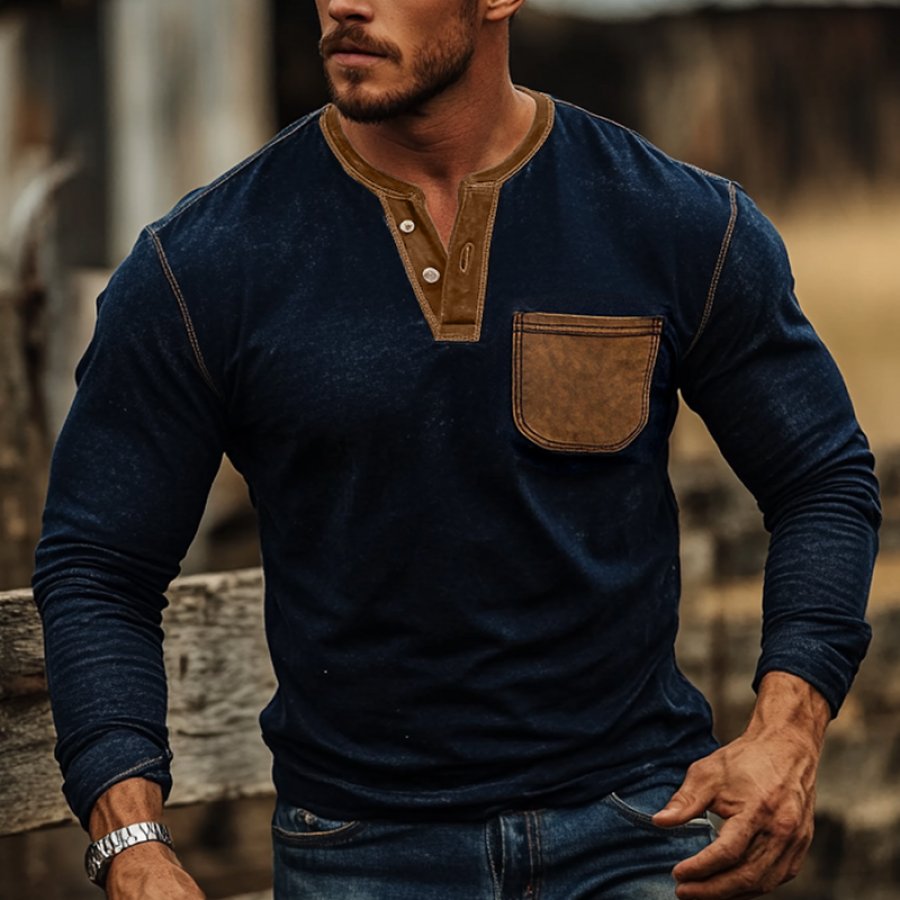 

Men's Vintage Distressed Rugged Patchwork Pocket Henley Long Sleeves T Shirt With Contrast Patches