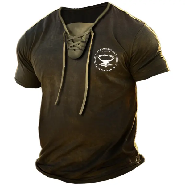 Men's Vintage Western Yellowstone Dutton Ranch Print Lace Up Henley T Shirt - Cotosen.com 