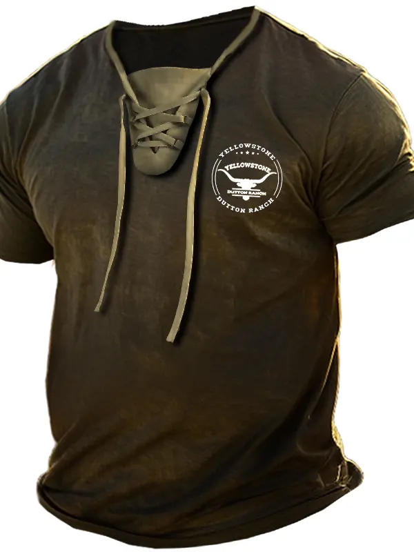 Men's Vintage Western Yellowstone Dutton Ranch Print Lace Up Henley T Shirt - Menbarn.com 