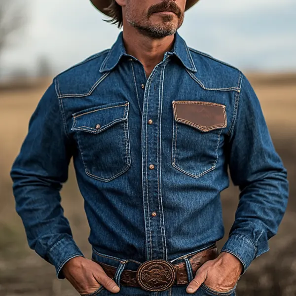 Men's Vintage Classic Western Cowboy Leather Pocket Denim Shirt - Wayrates.com 