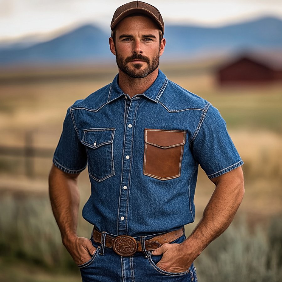 

Men's Vintage Western Denim T Shirt With Leather Accents