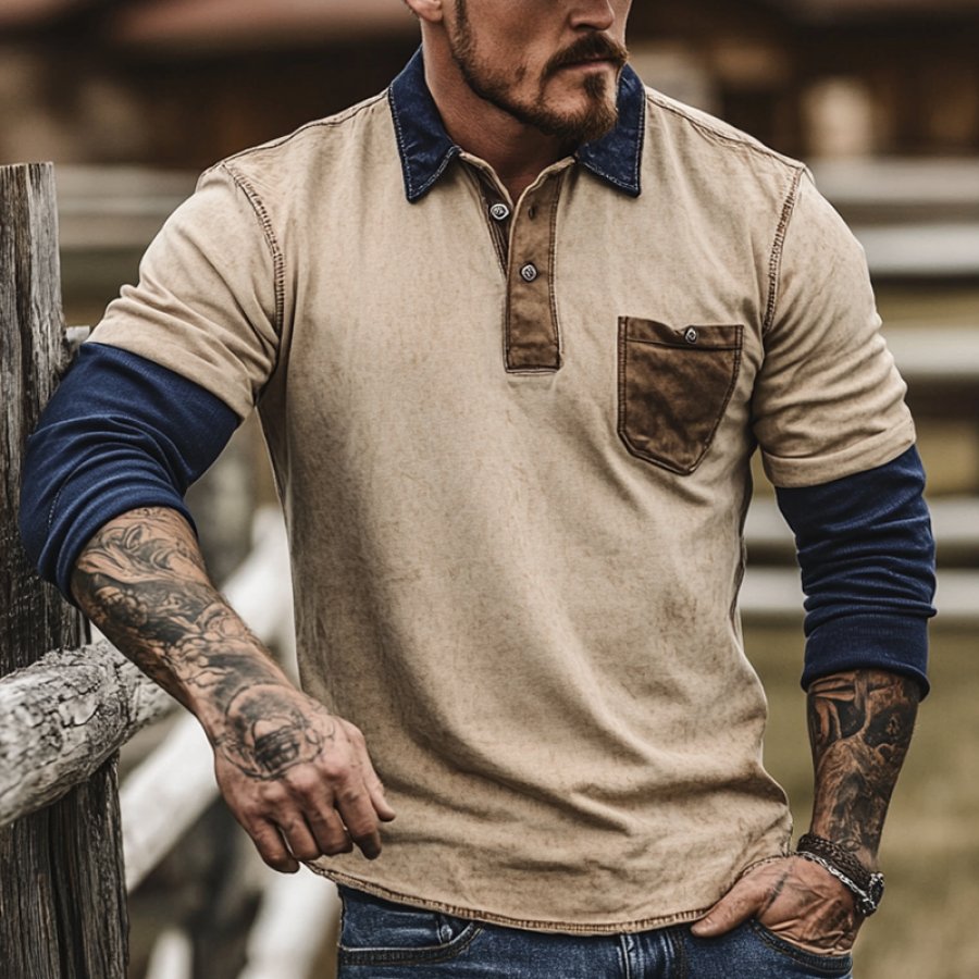 

Men's Vintage Western Patchwork Fake Two-piece Tactical Long Sleeves Polo T Shirt