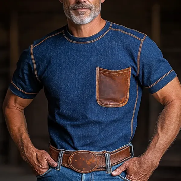 Men's Vintage Western Leather Pocket Denim T Shirt - Wayrates.chimpone.com 