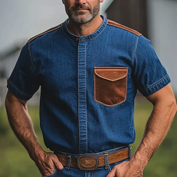 Men's Vintage Casual Denim Shirt With Leather Pocket - Wayrates.chimpone.com 