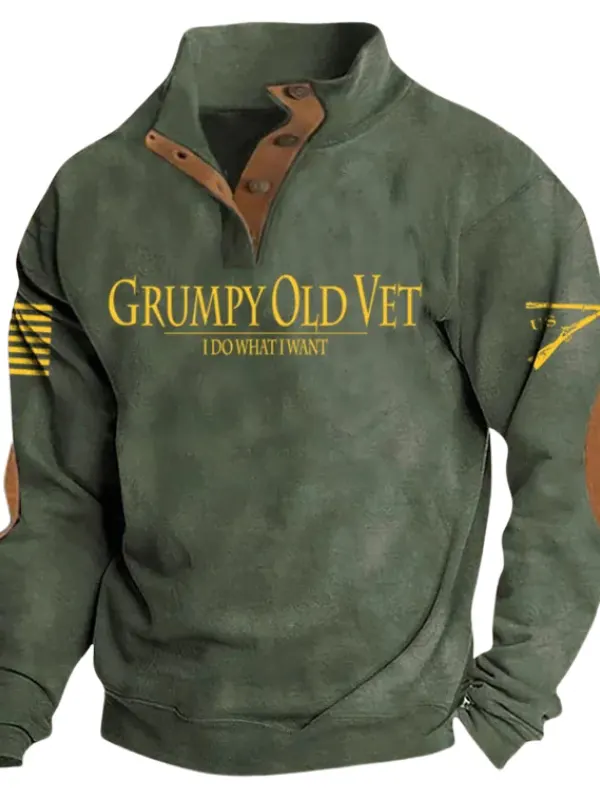 Men's Vintage Grumpy OLD Vet Letter Print Stand Collar Buttons Sweatshirt - Simplyion.com 