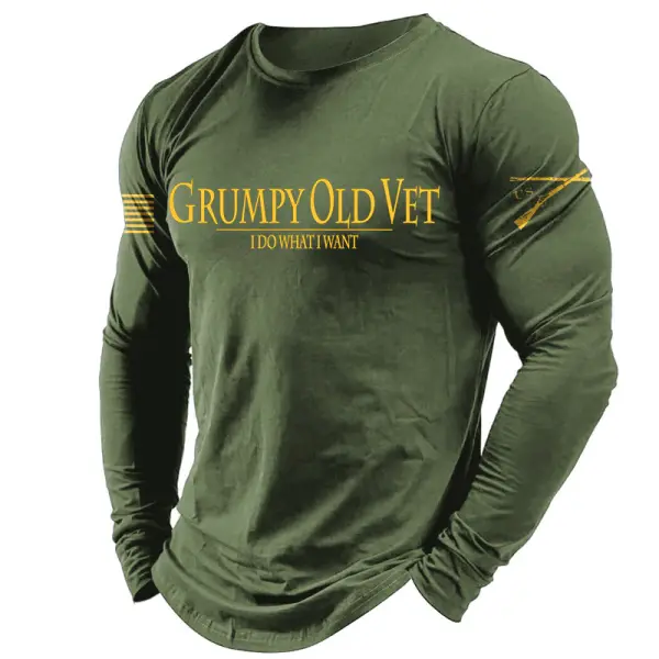 Men's Vintage Grumpy OLD Vet Letter Print Long Sleeve Round Neck T-shirt - Cotosen.com 