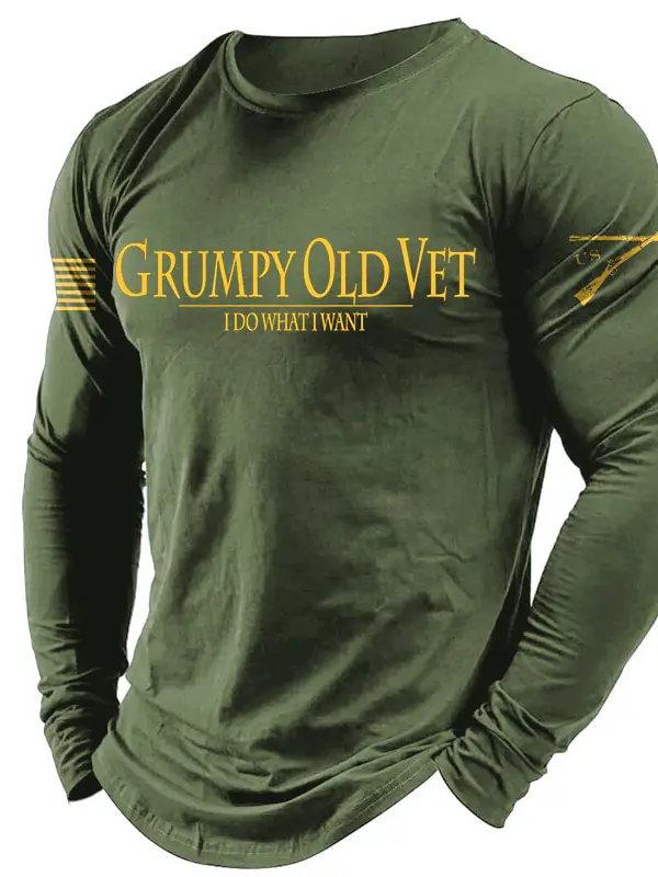 Men's Vintage Grumpy OLD Vet Letter Print Long Sleeve Round Neck T-shirt - Menbarn.com 