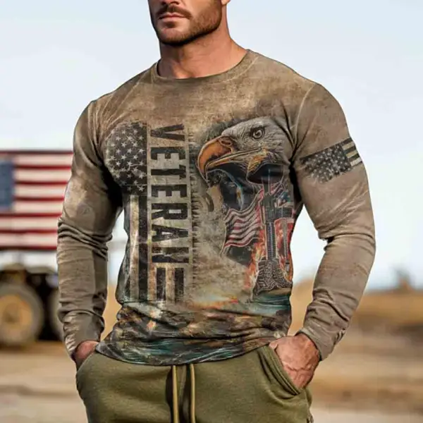 Men's Vintage Veterans Day American Flag Eagle Print Long Sleeve Round Neck T-shirt - Wayrates.com 