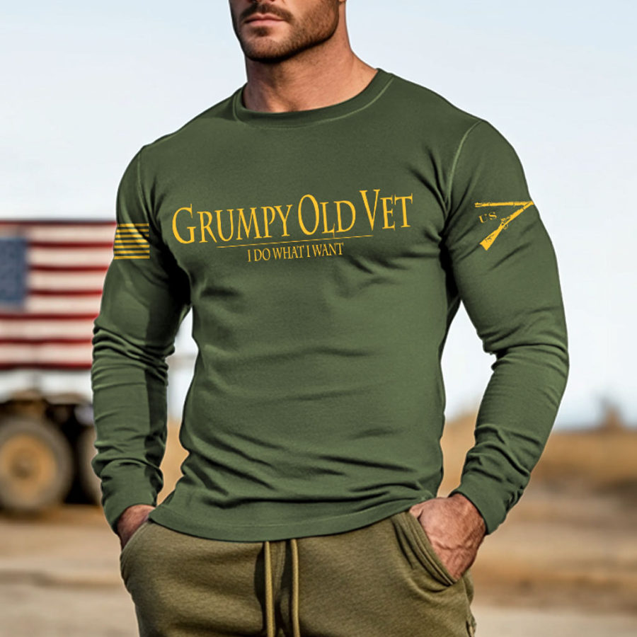 

Men's Vintage Grumpy OLD Vet Letter Print Long Sleeve Round Neck T-shirt