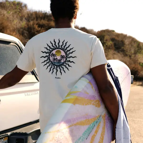 Men's Vintage Sun Palm Tree Surf Print Beach Daily Round Neck Short Sleeve T-shirt - Wayrates.com 