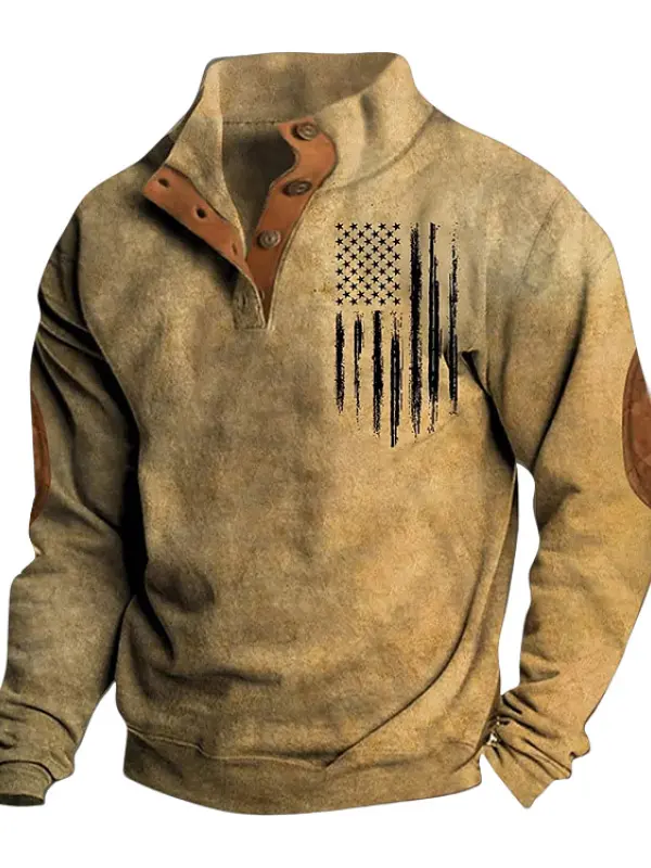 Men's Vintage American Flag Print Stand Collar Buttons Sweatshirt Only $29.99 - Pragmaace.com 