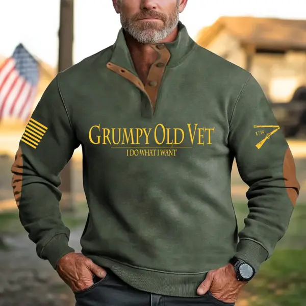 Men's Vintage Grumpy OLD Vet Letter Print Stand Collar Buttons Sweatshirt - Wayrates.com 
