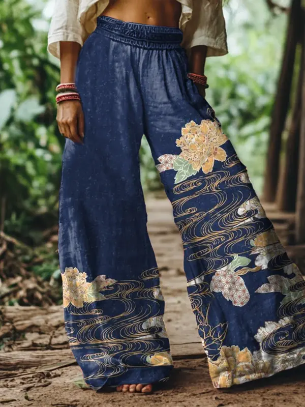 Women's Vintage Elegant Floral Print Silk Wide-Leg Pants - Pragmaace.com 