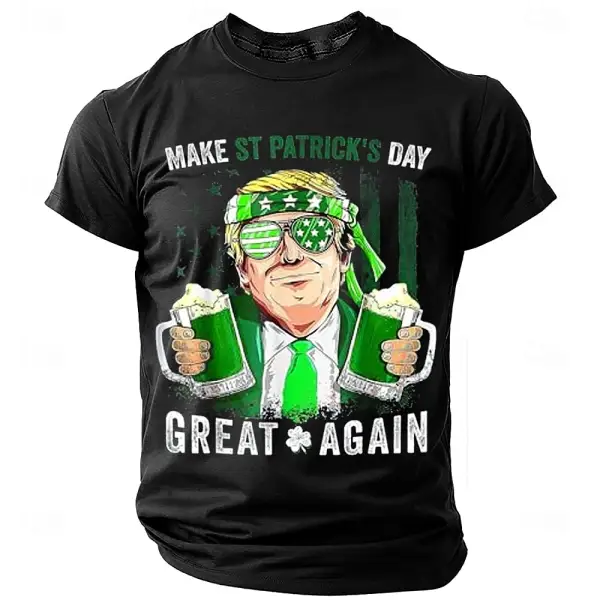 Men's Vintage St. Patrick's Day Print Black Short Sleeve T-Shirt With Shamrock Print - Cotosen.com 