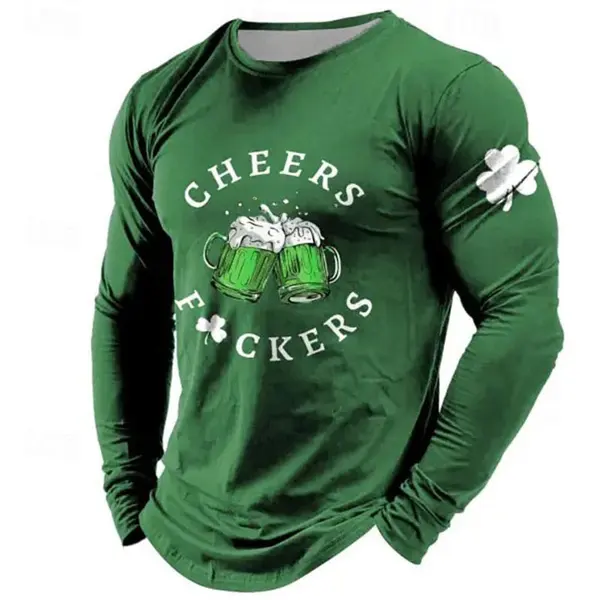 Men's Vintage St. Patrick's Day Print Green Long Sleeve Crew Neck T-Shirt With Shamrock Print Only $23.99 - Cotosen.com 
