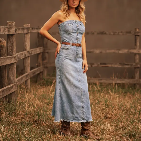 Women's Vintage Cowboy Rustic Elegance: Denim Maxi Dress With Cowboy Hat - Anurvogel.com 