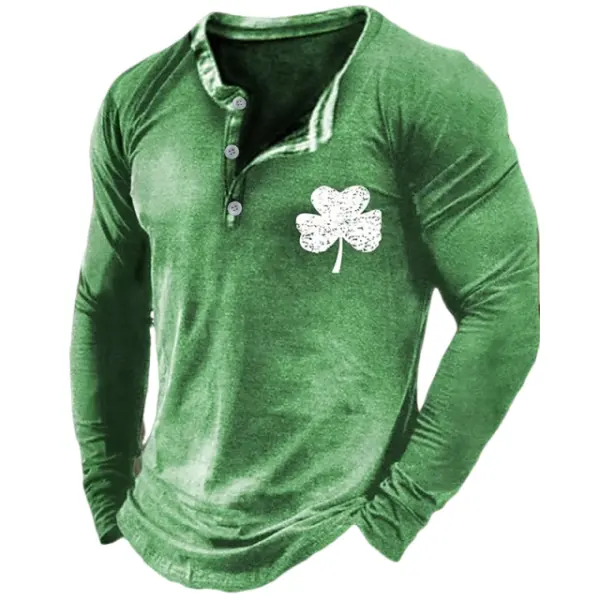 Men's Vintage St. Patrick's Day Print Green Long Sleeve Henley T-Shirt With Shamrock Print Only $29.99 - Cotosen.com 