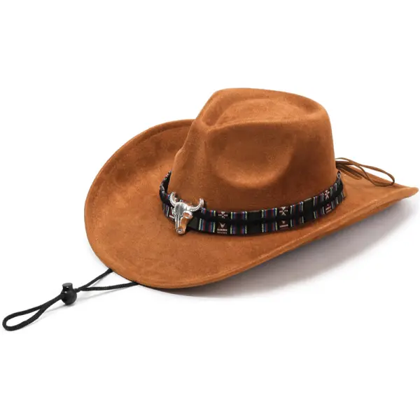 Western Suede Cowboy Hat With Bull Skull Buckle - Bustalent.com 