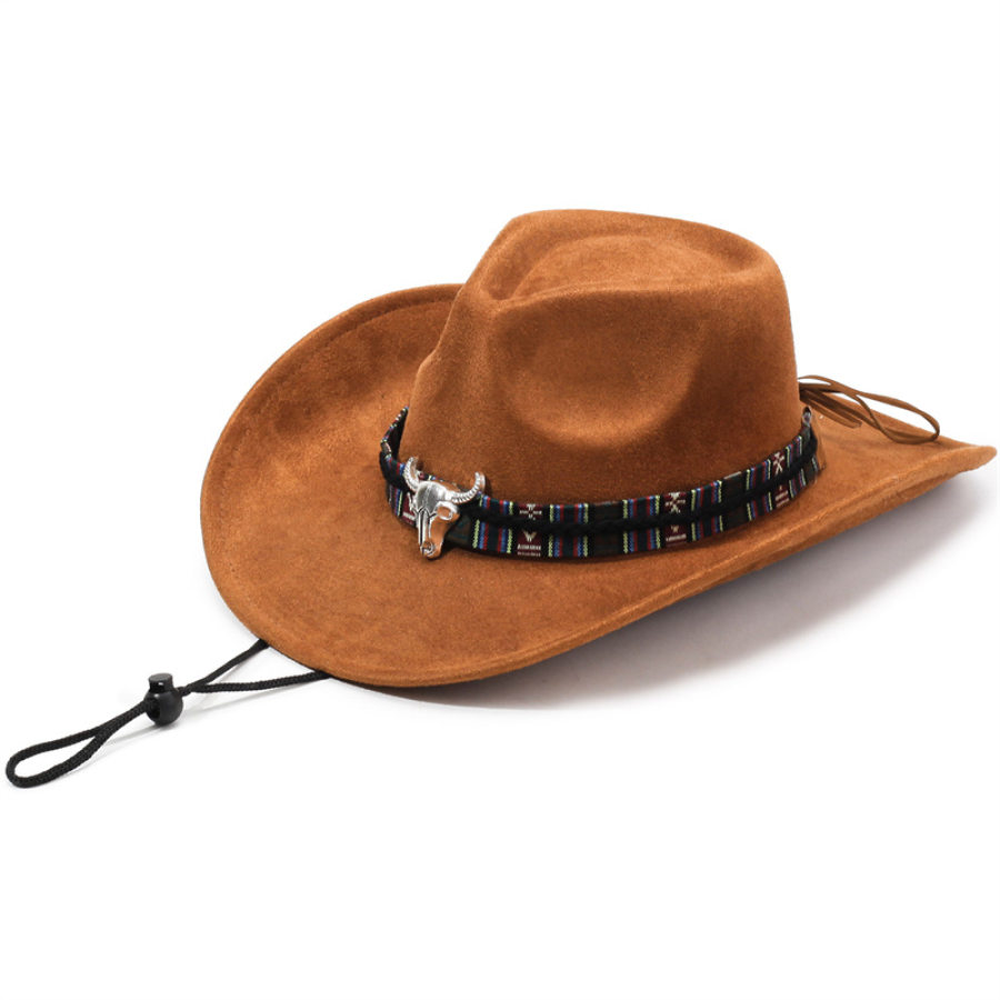 

Western Suede Cowboy Hat With Bull Skull Buckle