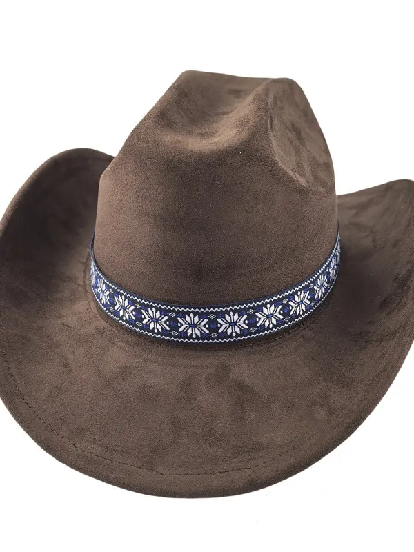 Suede Stylish Western Cowboy Hat With Embroidered Band - Menbarn.com 