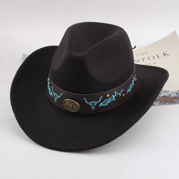 Western Cowboy Hat With Leather Band And Bull Skull Embroidery - Fineyoyo.com 