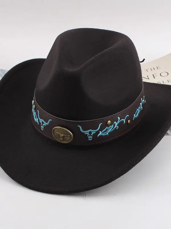 Western Cowboy Hat With Leather Band And Bull Skull Embroidery - Pragmaace.com 