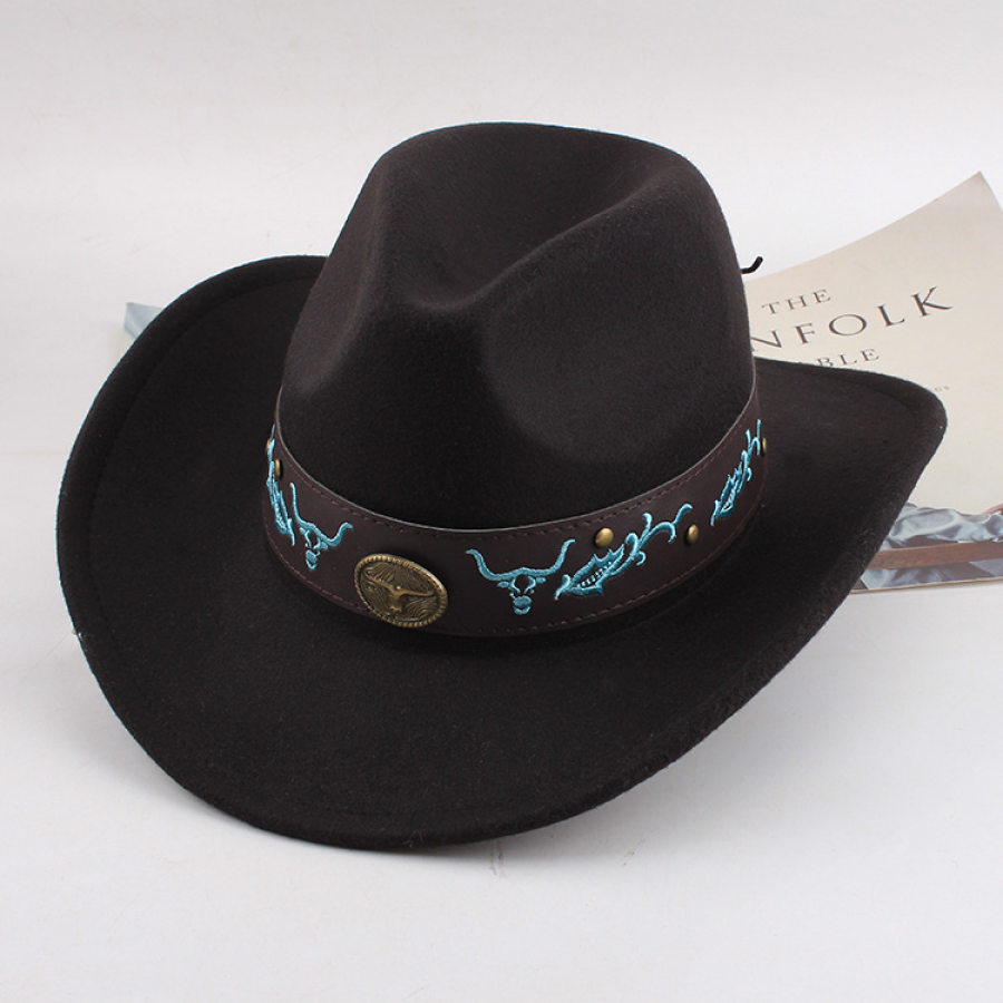 

Western Cowboy Hat With Leather Band And Bull Skull Embroidery