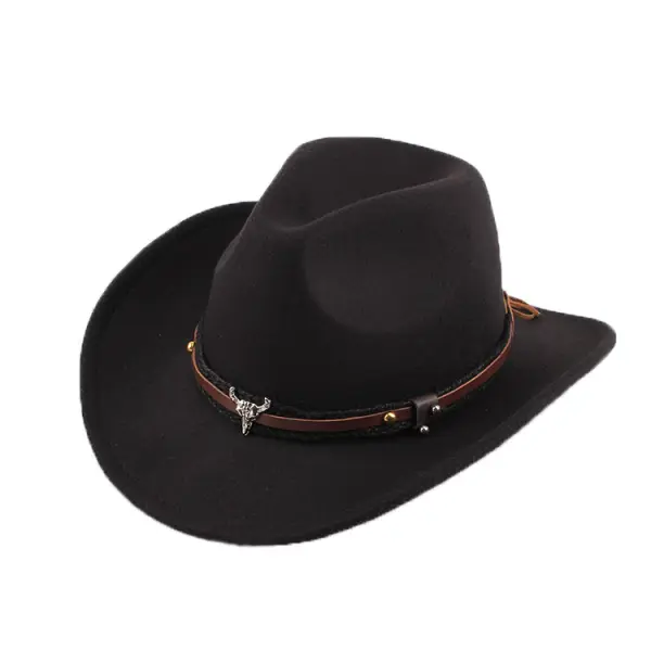 Western Cowboy Hat With Leather Band And Bull Head - Wayrates.com 