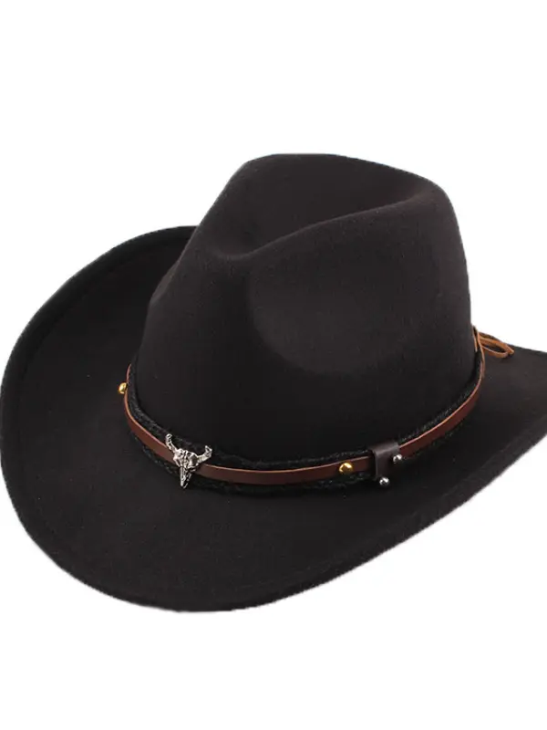 Western Cowboy Hat With Leather Band And Bull Head - Menbarn.com 