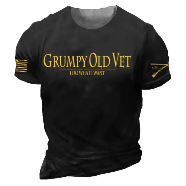 Men's Vintage Grumpy OLD Vet American Flag Print Crew Neck Short Sleeve T-shirt - Elementnice.com 