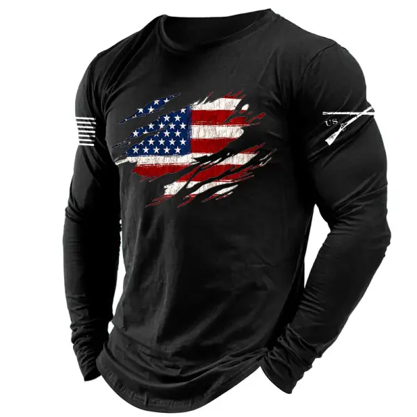 Men's Vintage American Flag Print Long Sleeve Crew Neck T-shirt - Anurvogel.com 