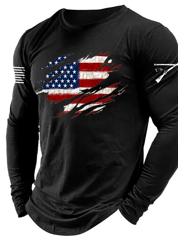Men's Vintage American Flag Print Long Sleeve Crew Neck T-shirt - Pragmaace.com 