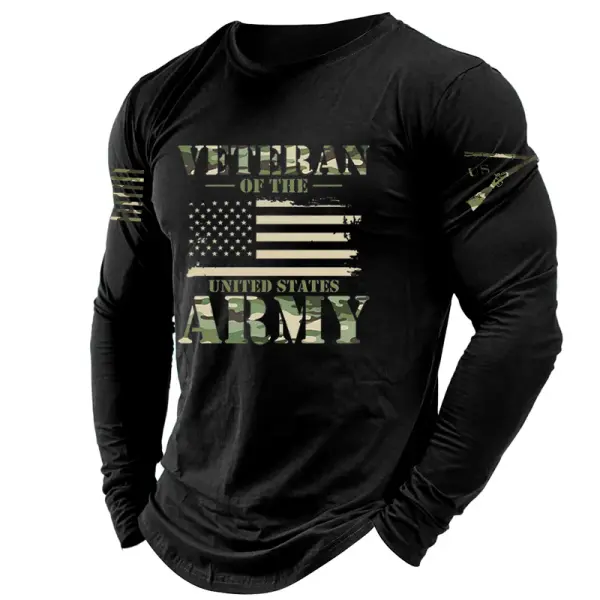 Men's Vintage Veterans ARMY Camouflage Patriotic American Flag Print Long Sleeve Crew Neck T-shirt - Wayrates.com 