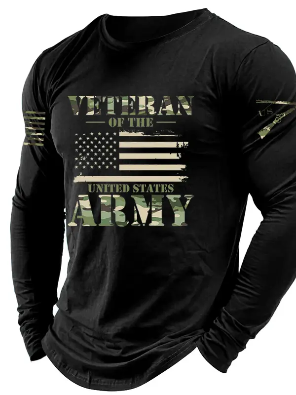Men's Vintage Veterans ARMY Camouflage Patriotic American Flag Print Long Sleeve Crew Neck T-shirt - Pragmaace.com 