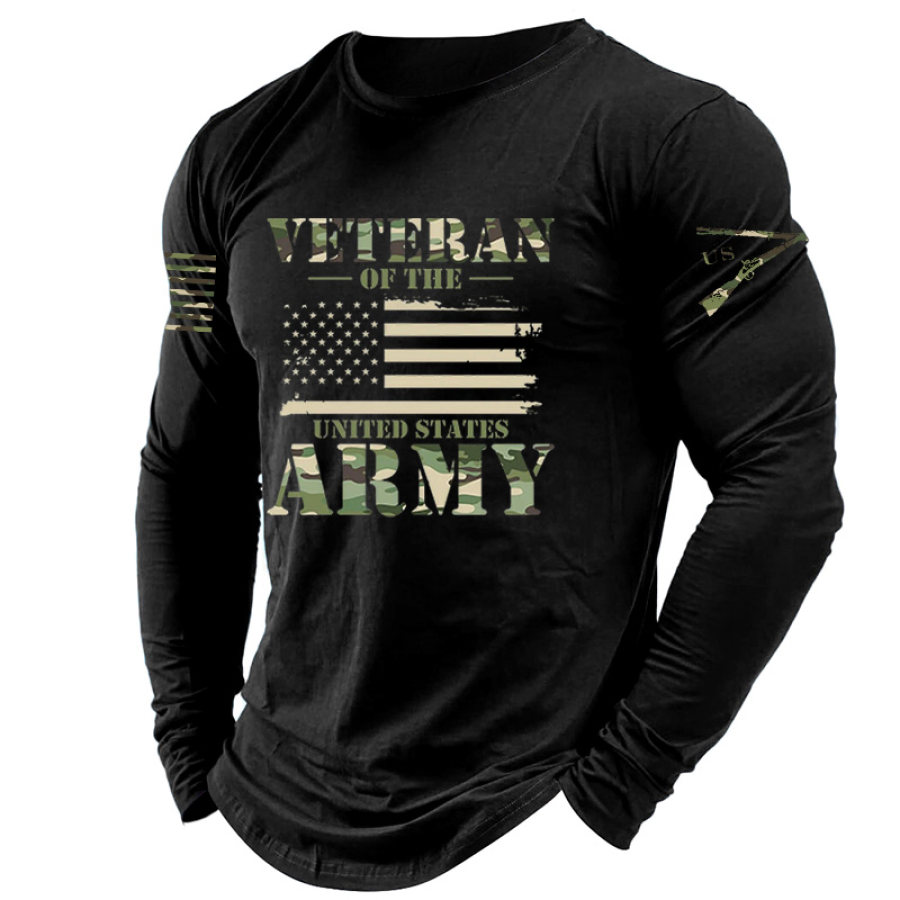 

Men's Vintage Veterans ARMY Camouflage Patriotic American Flag Print Long Sleeve Crew Neck T-shirt