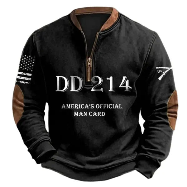 Men's Vintage DD214 America's Official Man Card Letter Print Color Block Henley Zipper Long Sleeve Sweatshirt - Dozenlive.com 