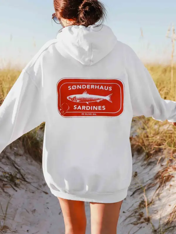 Women's Sardines Graphic Print White Oversized Hoodie Only $30.99 - Pragmaace.com 