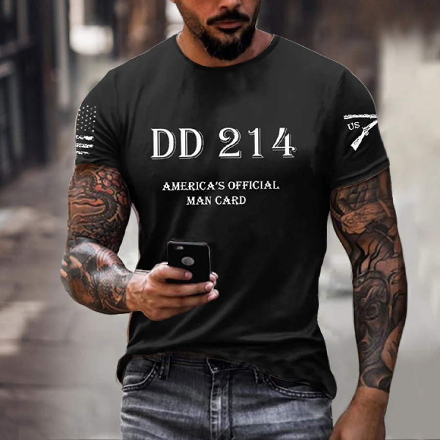 

Men's Vintage DD214 America's Official Man Card American Flag Print Crew Neck Short Sleeve T-shirt