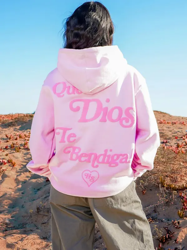 Unisex Text Pink Hoodie With 'Que Dios Te Bendiga' Embroidery Only $32.99 - Pragmaace.com 