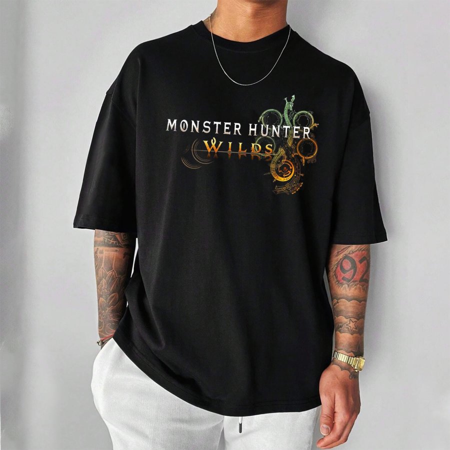 

Unisex Vintage Monster Text Print Black Loose Short Sleeve T-Shirt