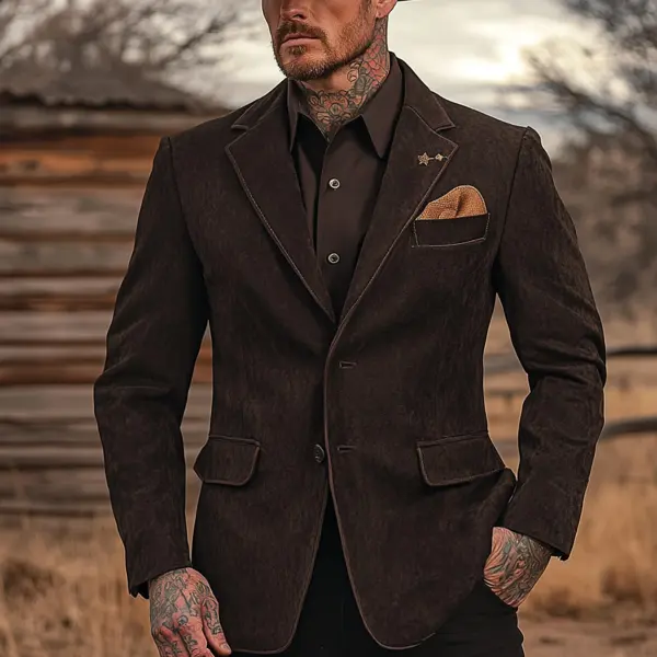 Men's Vintage Western Cowboy Elegant Brown Blazer With Star Pin And Pocket Square - Wayrates.com 