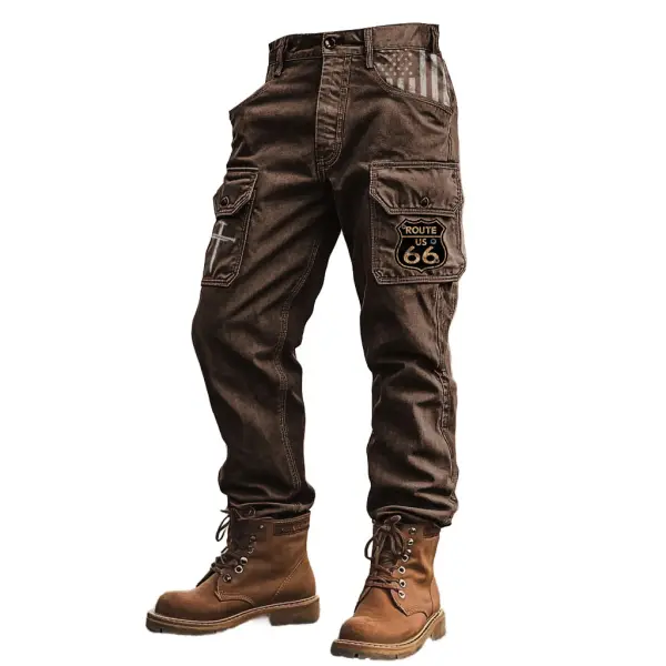 Men's Vintage Route 66 American Flag Cross Tactical Outdoor Multi-pocket Cargo Workwear Pants - Cotosen.com 